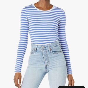 Amazon Women's Long Sleeve Blue and White Striped Tee